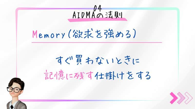 Memory（欲求を強める）：消費者が商品を忘れずに記憶する